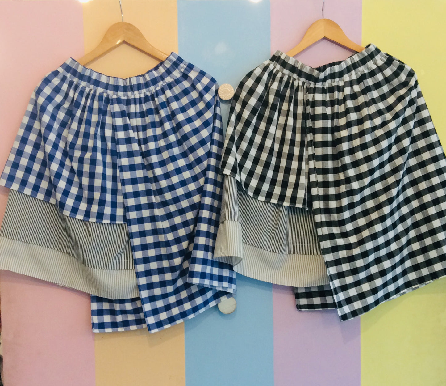 Checkered & Stripe Layered Short Skirt