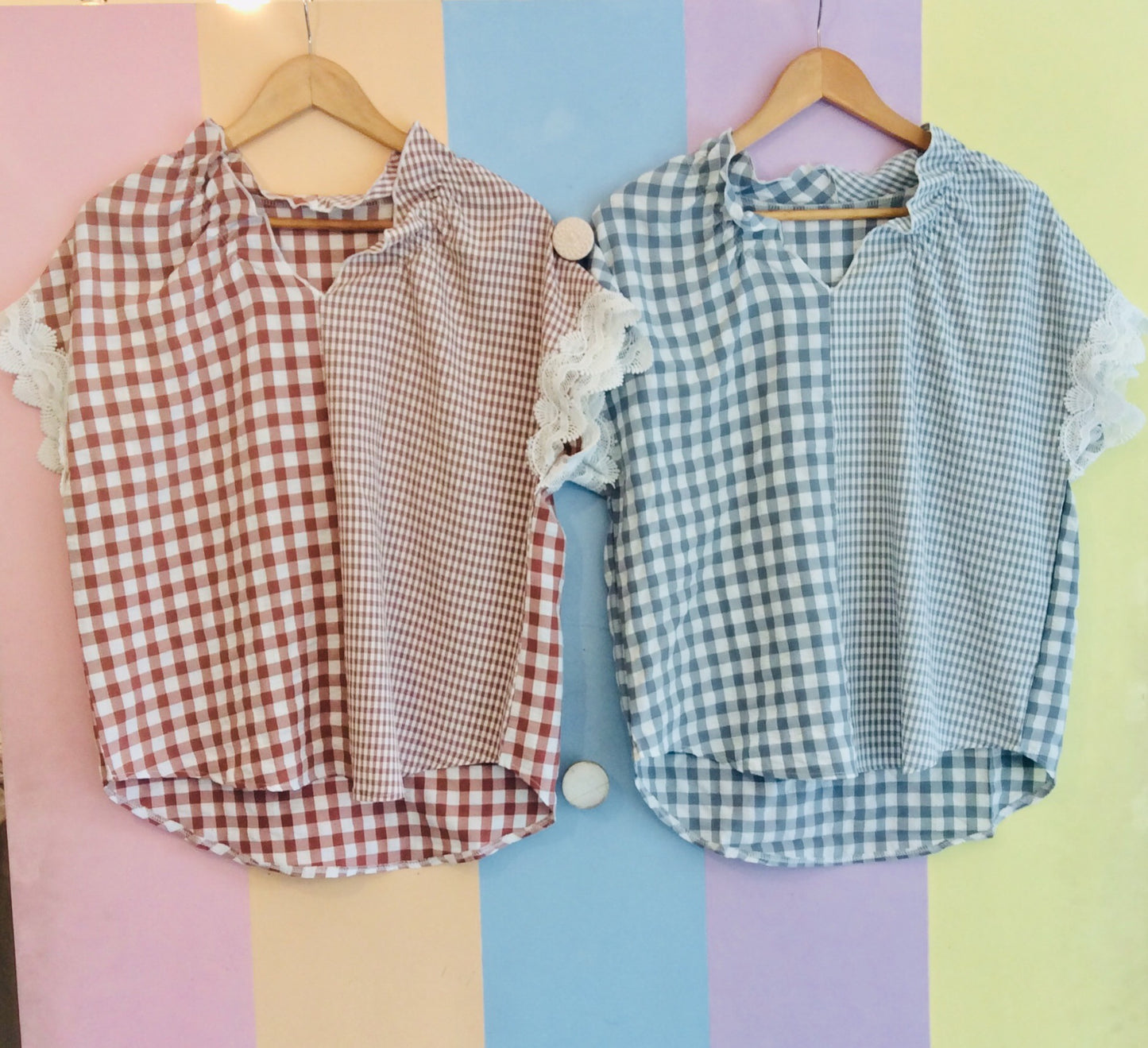 Medium & Small Gingham Square Blouse w/ Lacy Sleeve