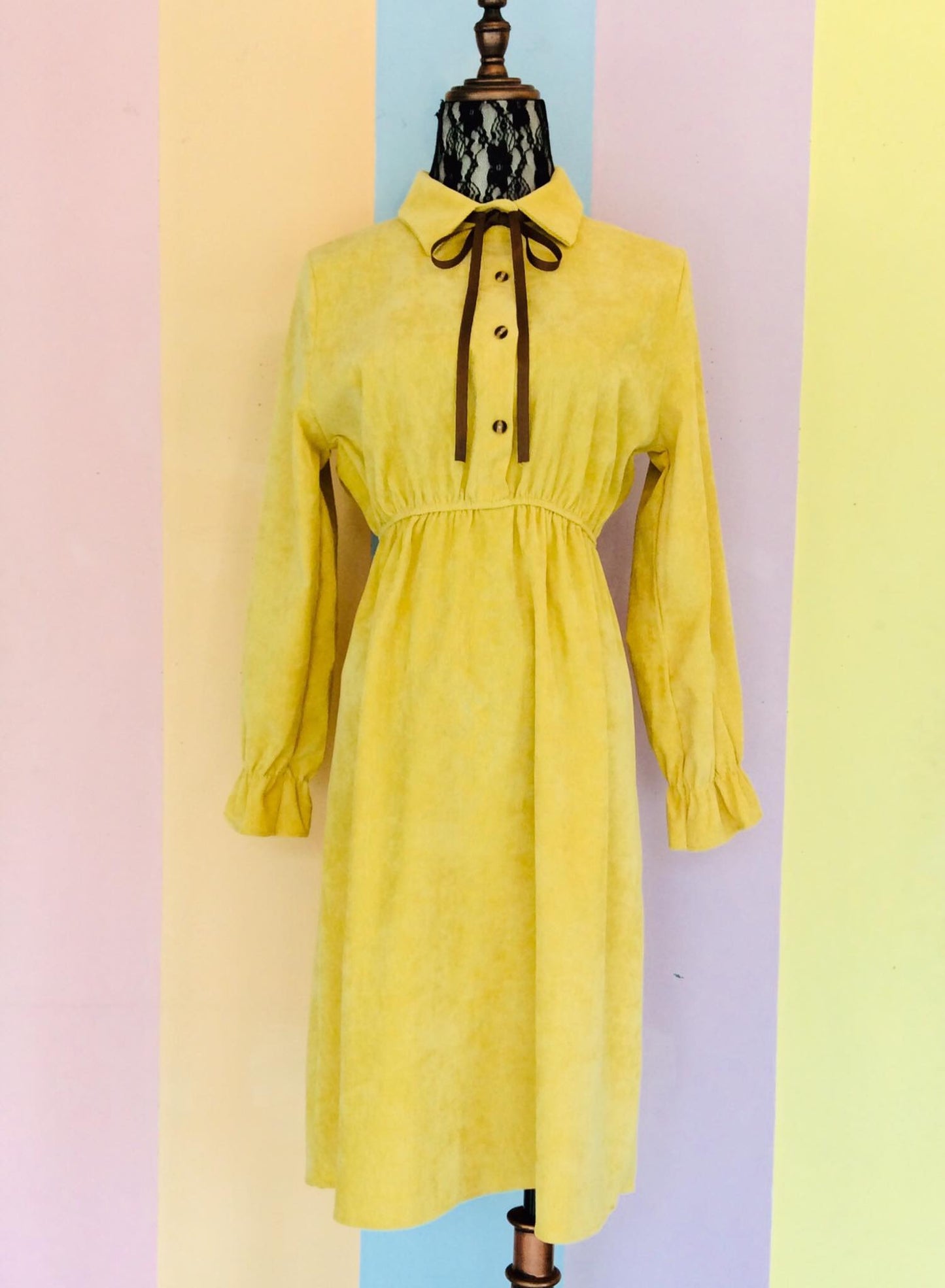 Corduroy Long Sleeves Dress w/ Elastic Waist and Bow String