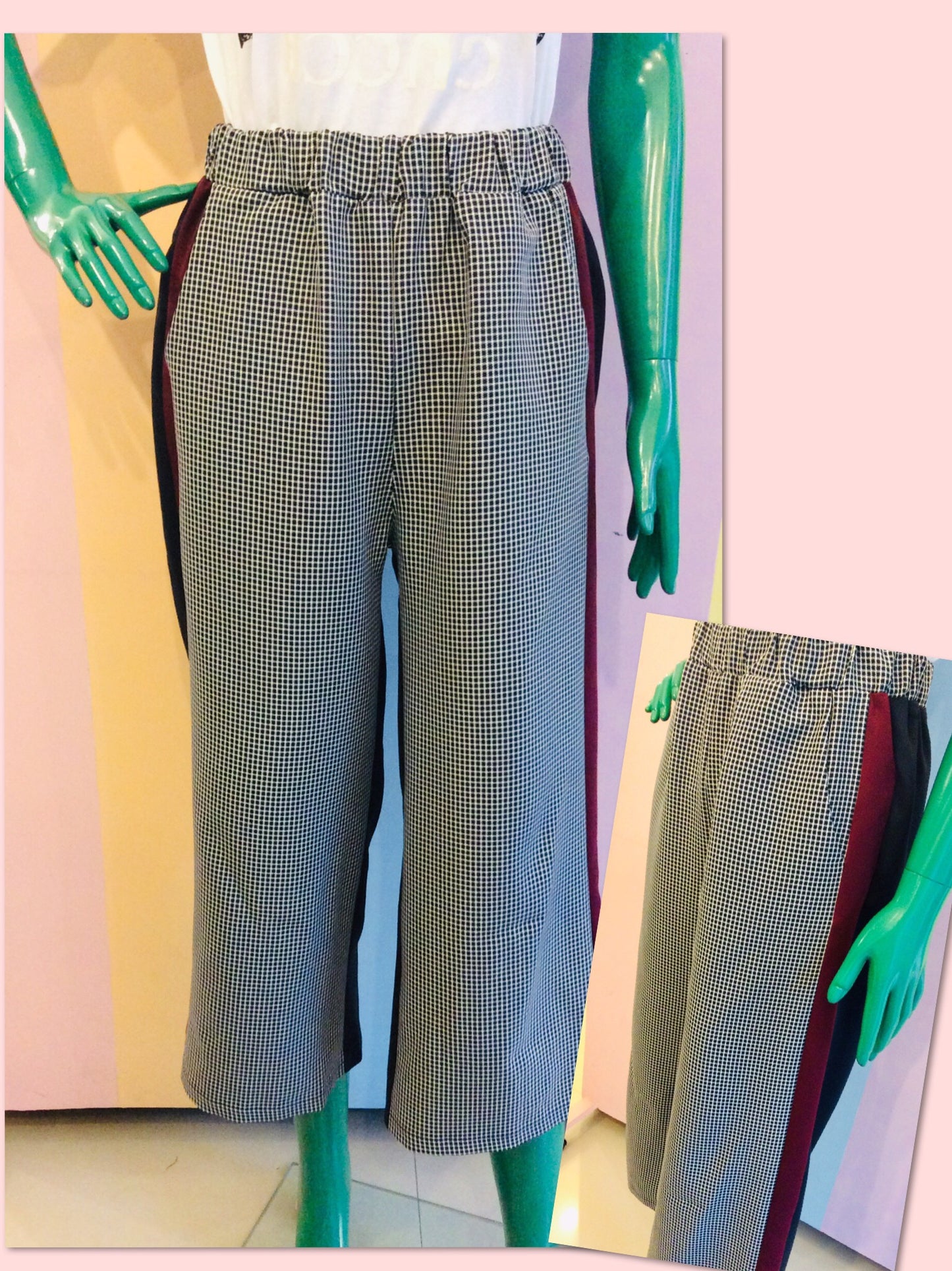 Elastic Waist Square Pants Checkered Front w/ Lining
