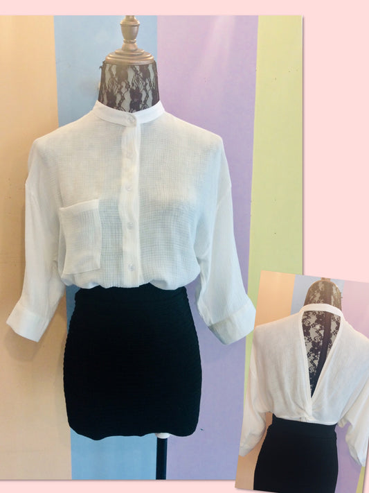 Plain Button-Down Blouse w/ V-Shape Back Embel