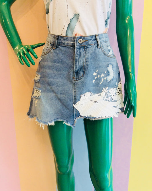 Stained Denim Mini Skirt w/ Lace