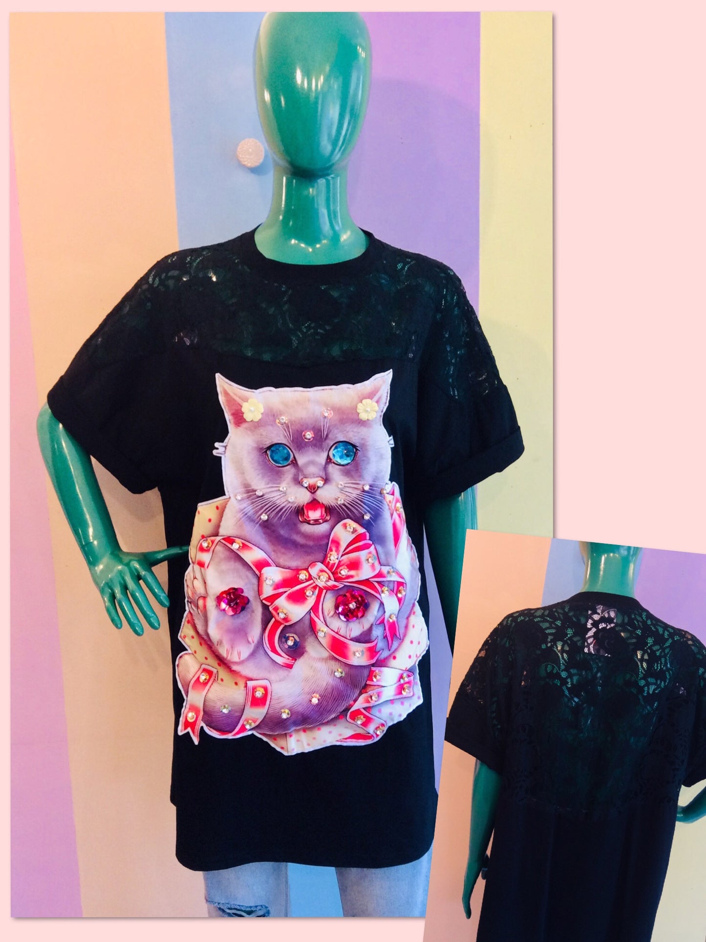 Cotton & Sexy Back Lace Kitty Oversize Tee w/ Gems...
