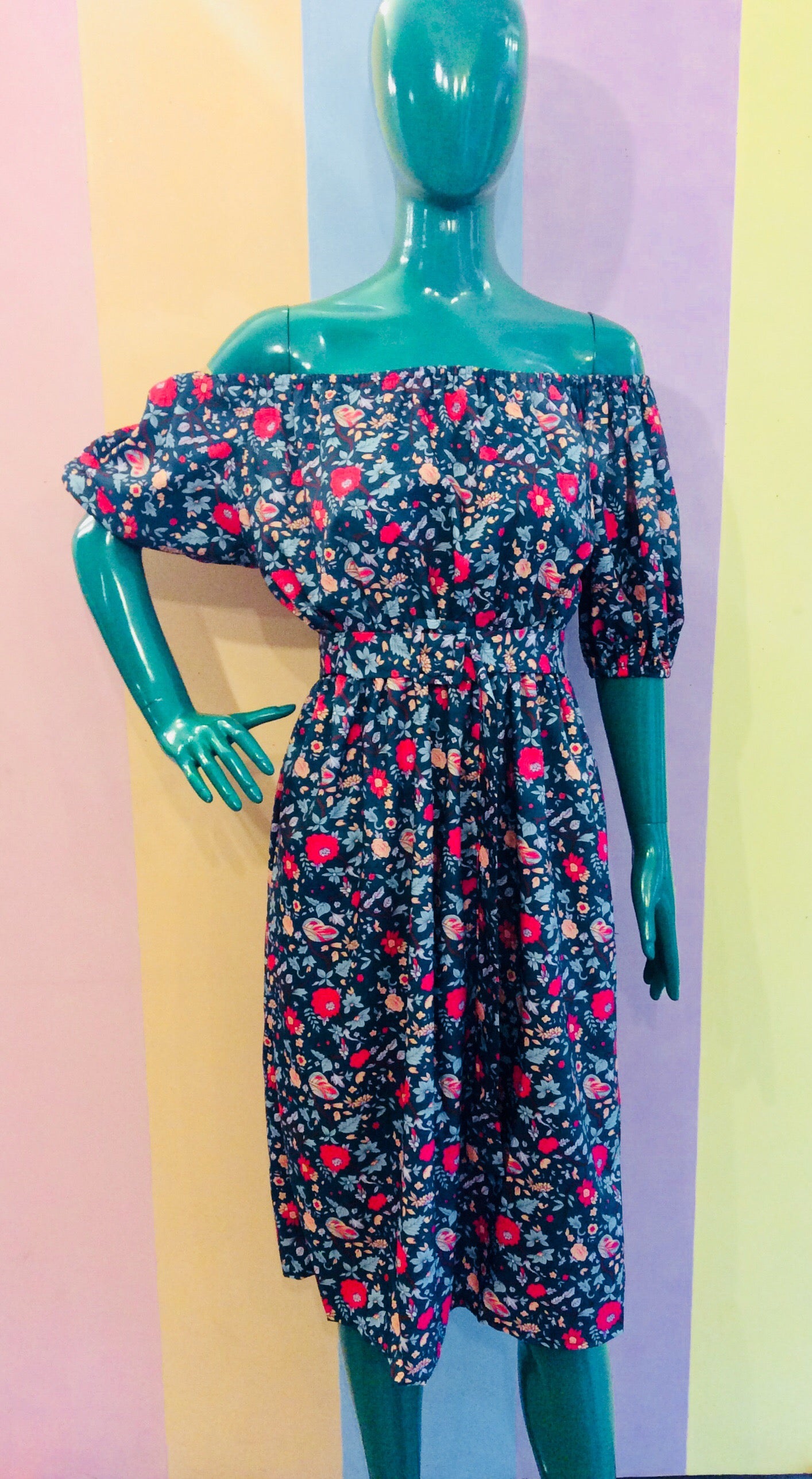 Lavender Floral Off-Shoulder Midi Dress w/ Pair Belt