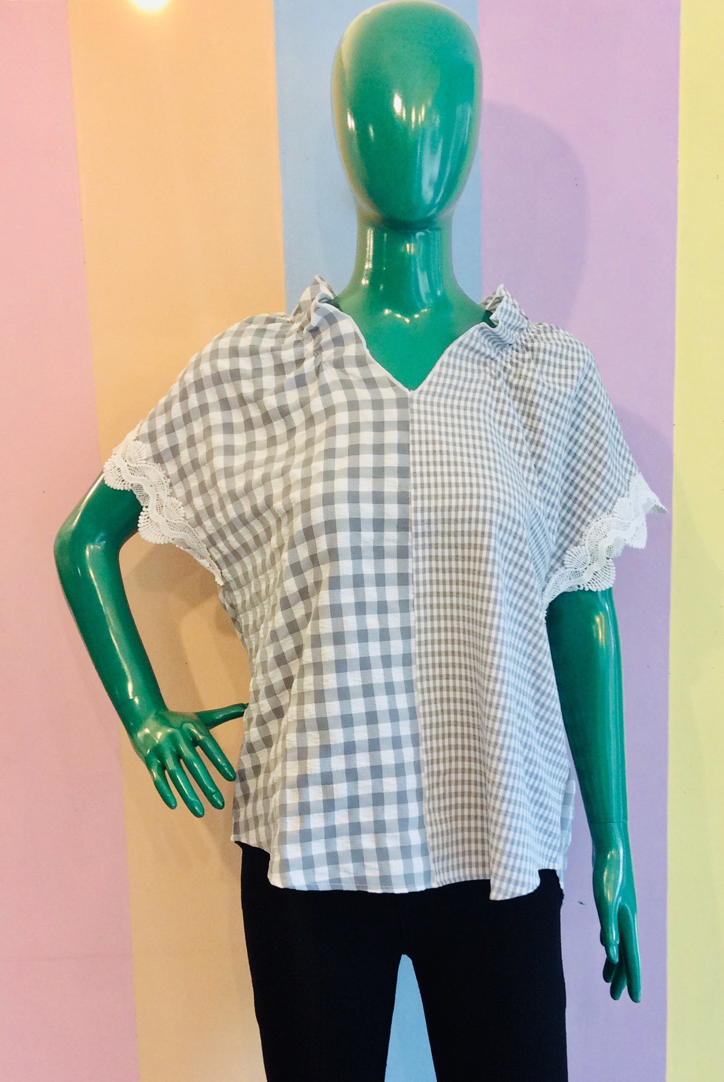 Medium & Small Gingham Square Blouse w/ Lacy Sleeve