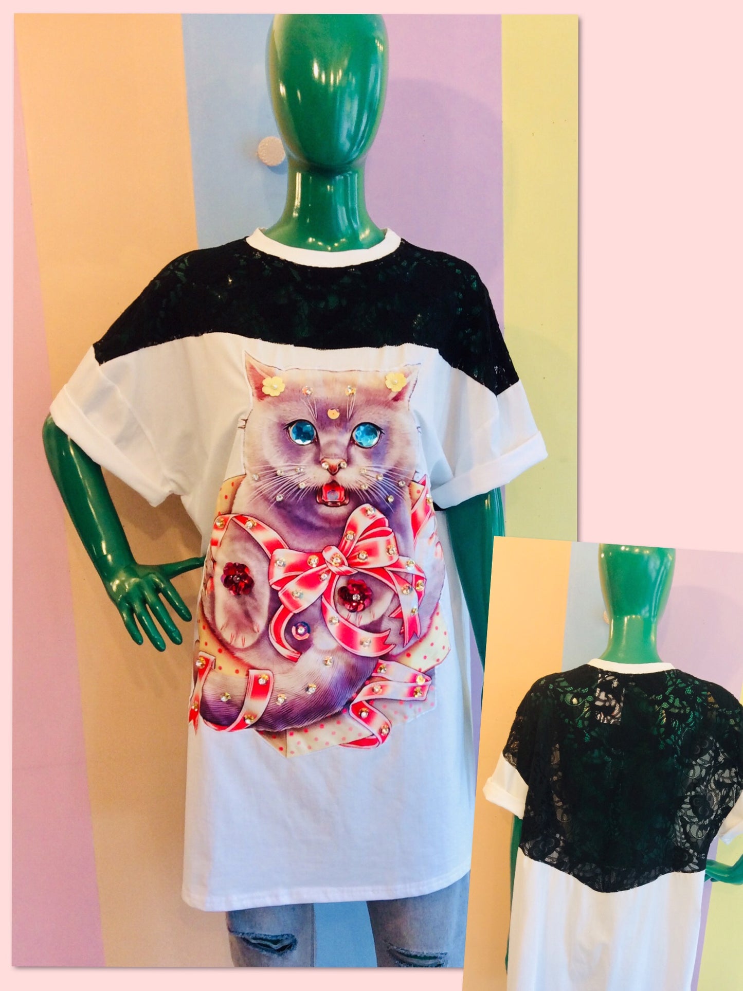 Cotton & Sexy Back Lace Kitty Oversize Tee w/ Gems...