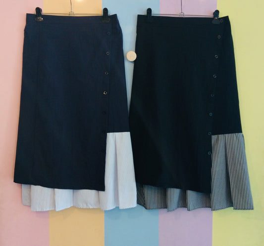 Elastic Waist Assymetric Midi Skirt w/ Pin-Stripe Layers