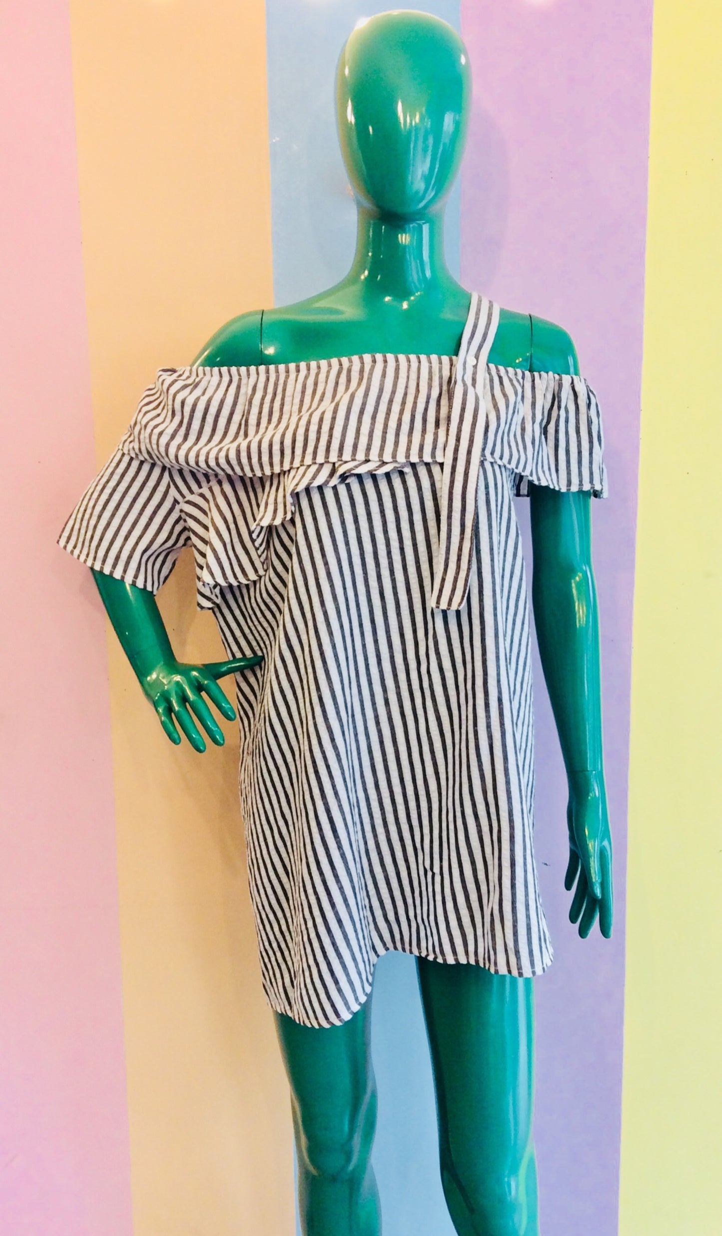 Stripe Asymmetric Off-Shoulder Short Dress