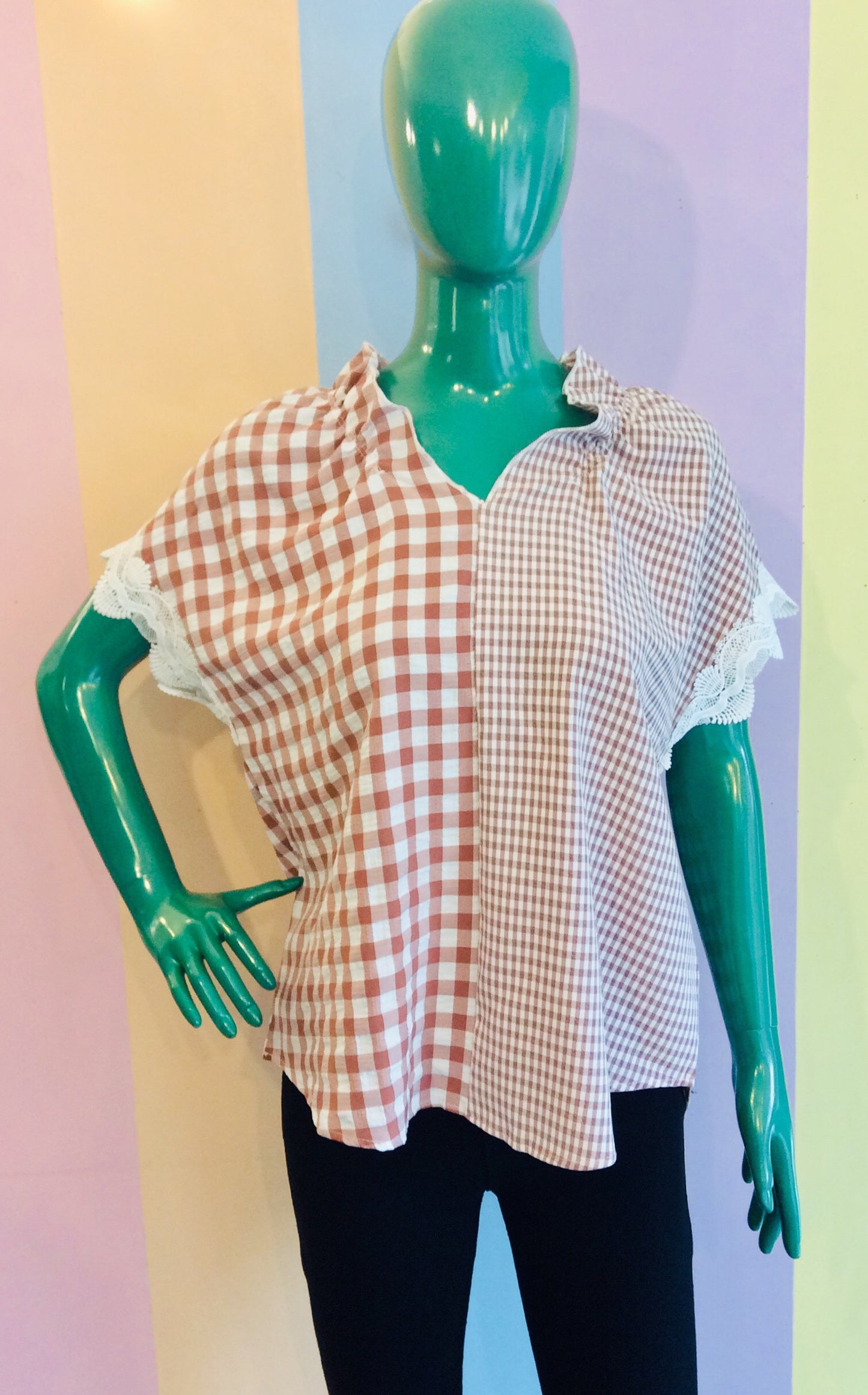 Medium & Small Gingham Square Blouse w/ Lacy Sleeve