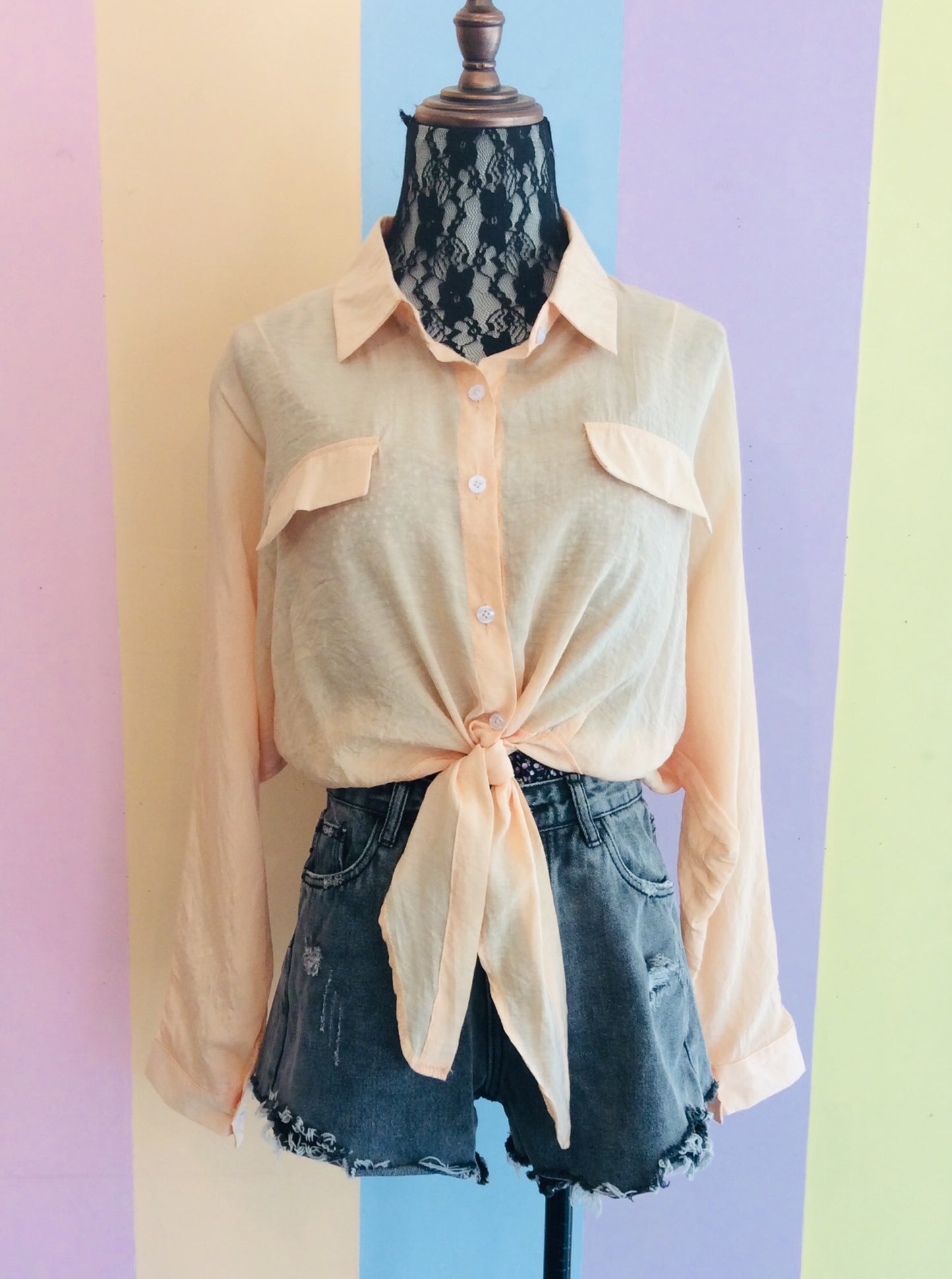 Classic Plain Button Down Full Sleeve Top w/ Belly Bow