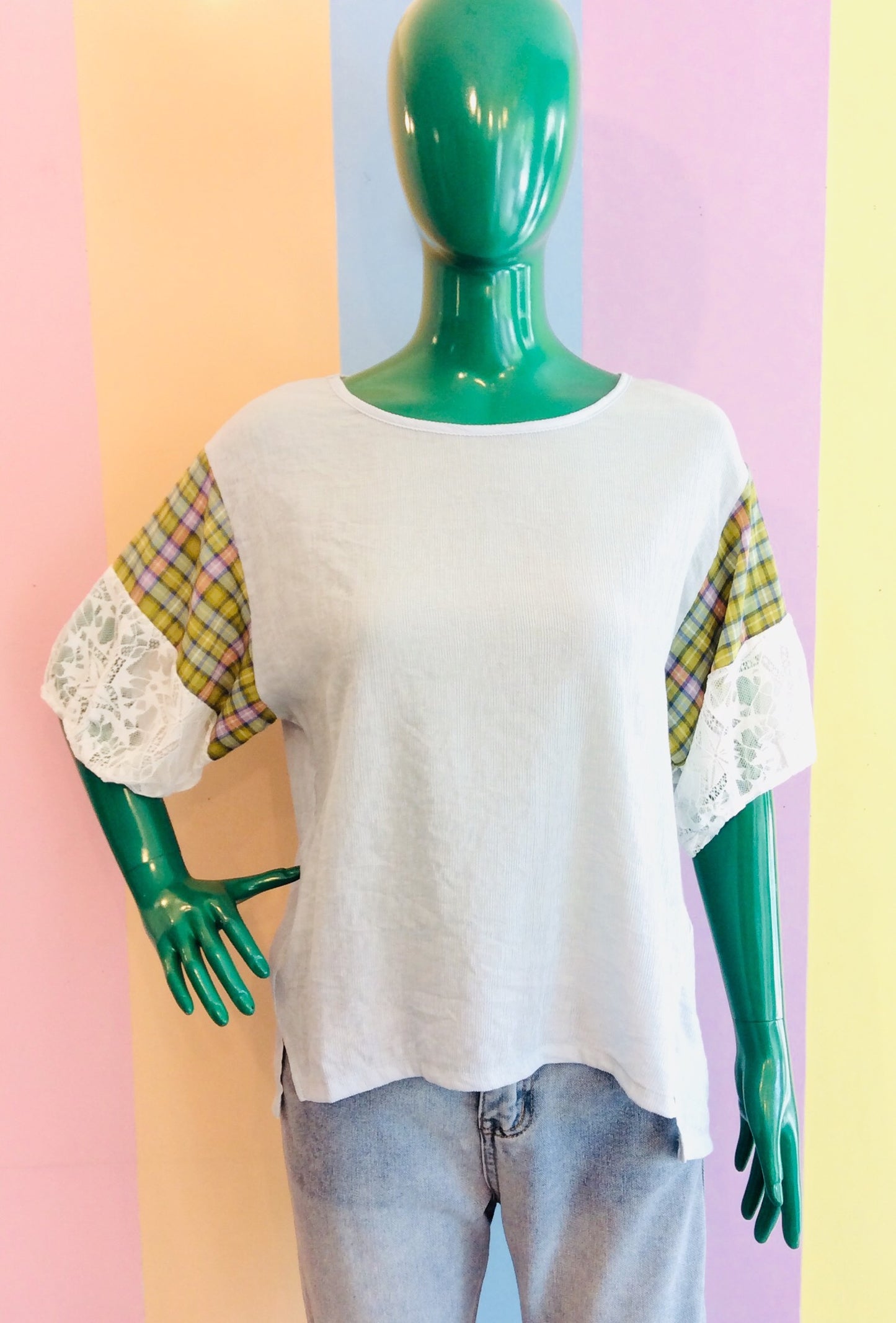 Pastel Top w/ Colorful Sleeve & Lace
