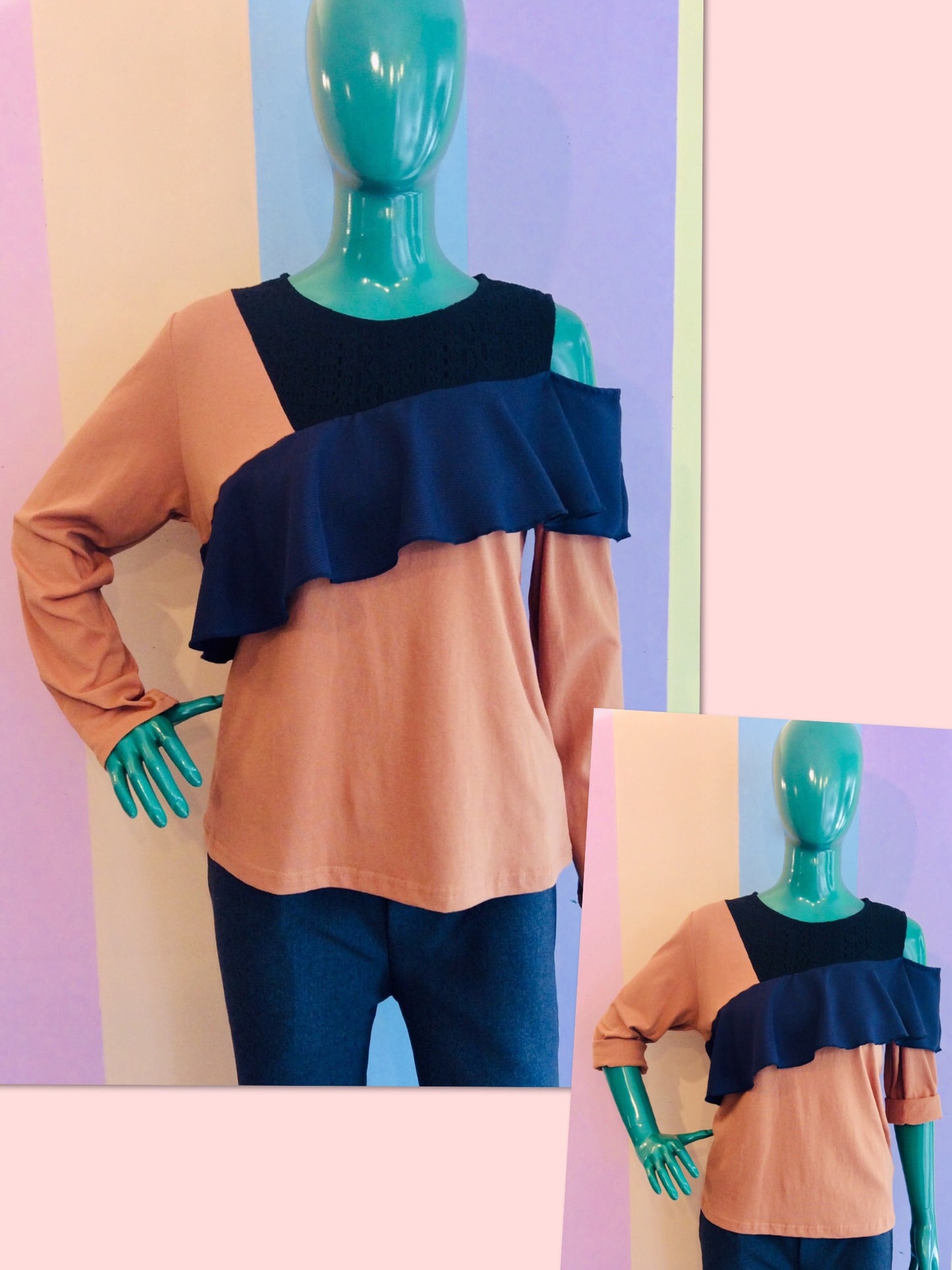 3-Tone & Texture Full Sleeve Top w/ One-Side Off-Shoulder