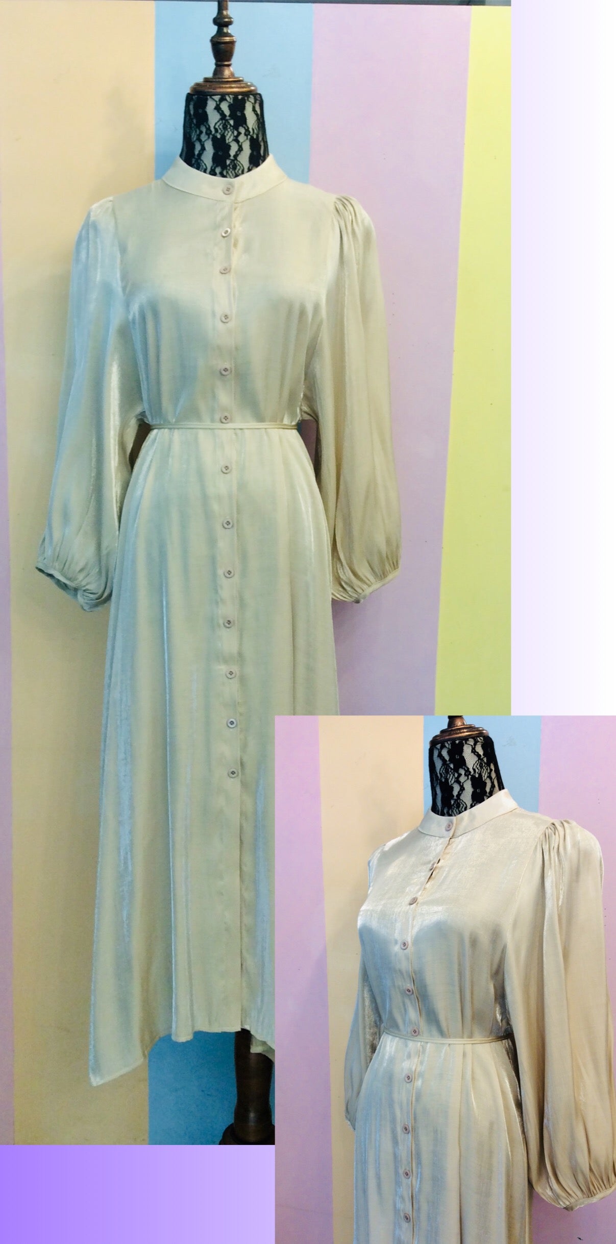 Shimmery Satin Button-Down Maxi Dress w/ Detachable Belt